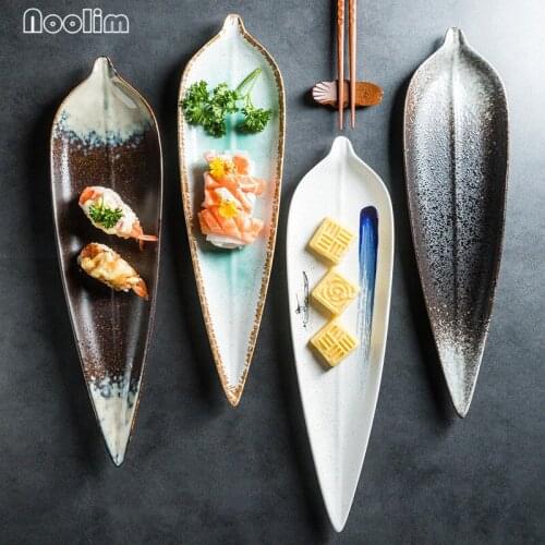 Japanese Ceramic Long Leaf-Shaped Sushi Plate Porcelain Retro Snack Fruit Dishes Restaurant Flat Dessert Plate Kitchen Tableware