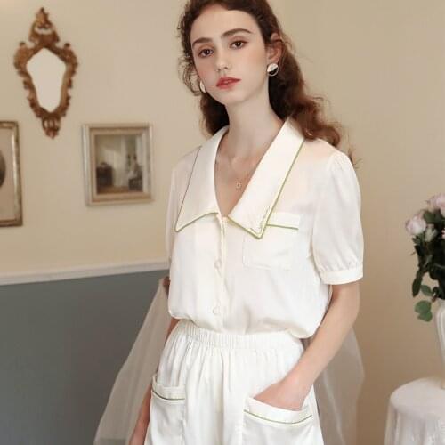 Womens Pajamas French Elegance Imitation Silk Cardigan Short-sleeved Top Shorts Homewear Set V Neck Set Women 2 Pieces Pajamas