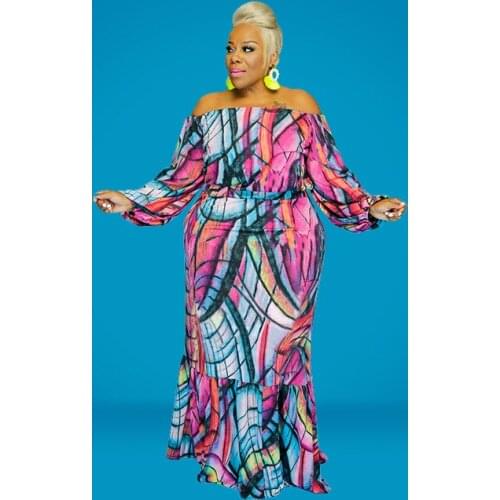 Plus Size Two Piece Set Women Skirt 4xl 5xl Sexy Dew Shoulder Long Sleeve Print Casual Style Maxi Skirts Wholesale Dropshipping