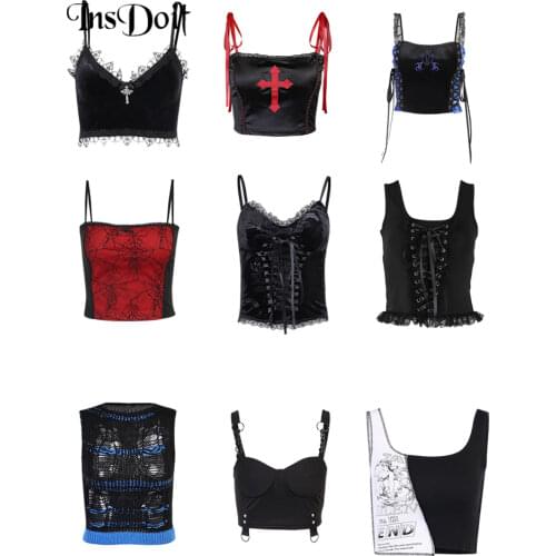 InsDoit Mall Gothic Sexy Corset Camis Women Vintage Lace Harajuku Print Streetwear Summer Black Crop Top Sleeveless Bandage Tops