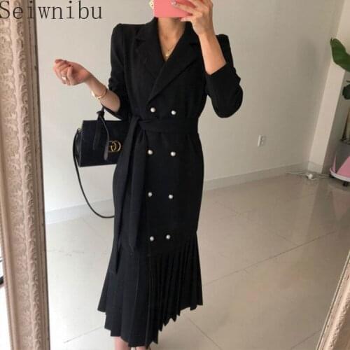 2020 Autumn Korean Office Women Suit trumpet Dress Double-breasted Belted Long Pleated Dresses Fashion Elegant Ladies