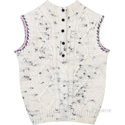 Thick Loose Sweater Vest Women 2021 Autumn Winter Knit Button Vest Semi-high Round Collar Contrast Striped Sweater Vest Knit Top