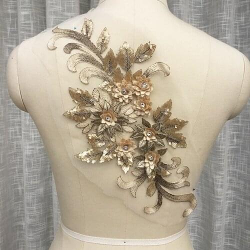 40*17 cm gold lace, three dimensional flower piece, sequins, costume, dress, applique, accessories, patches