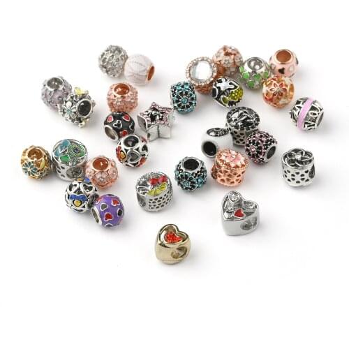 100Pcs Rhinestone Enamel European Beads Mixed Large Hole Alloy Charms Bead Fit Bracelet DIY Jewelry Making Accessories