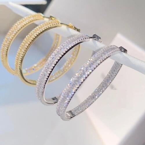 2021 Iced Out Baguette Bling 5A Cubic Zirconia 45mm Big Huggie Hoop Earrings For Women Gold Silver Color Charm Party Jewelry