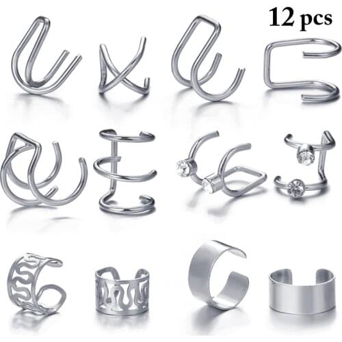 2021 Fashion 12pcs/set Geometric Clip Earrings Ear Clips Non-piercing Earring Rhinestone Earrings for Women Girls Jewelry