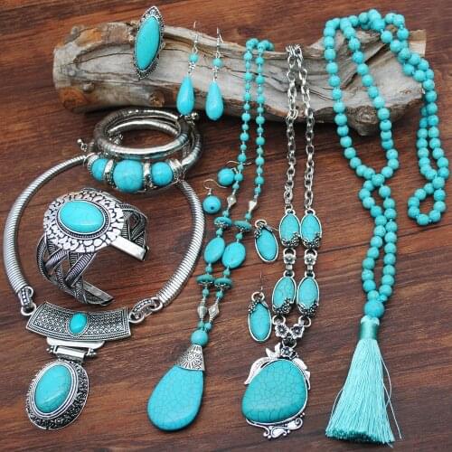 Boho Natural Turquoises Stone Jewelry Set Vintage Silver Plated Pendant Necklace Bracelet Earrings Ring for Women Sweater Chain
