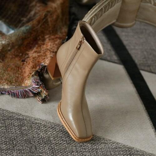 Genuine Leather Ankle Boots Women Low Heels Thick Square Toe Shoes Female Zip Shoes Ladies Autumn Winter Boots 2020 New