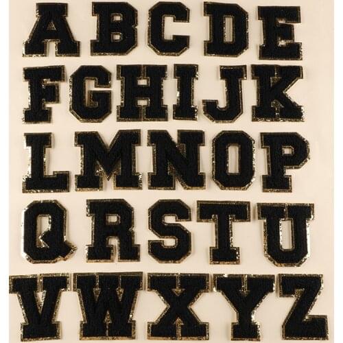 Black Color Chenille Gold Glitter Letters Patches Towel Embroidery Gritt Alphabet Sew Sticker I Love You Clothing DIY Accessory