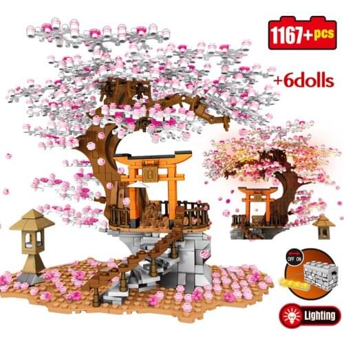 City Friends Japanese Street View Sakura Flower Tree Stall Bricks Cherry Blossom Landscape House Building Blocks Toys for Girls