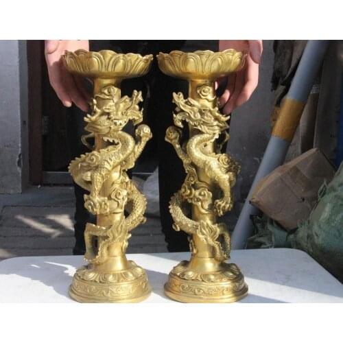 China Folk Fengshui Brass Copper Dragon Play Bead Candle Holder Candlestick Pair