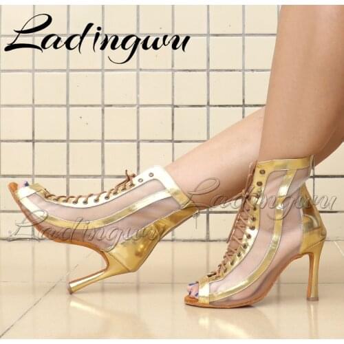 Ladingwu Women Ballroom Latin Dance Boots Lady`s Salsa Professional Dancing Shoes Golden Silver PU Mesh Dance Sandals