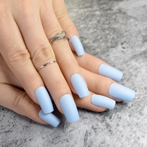 Fashion Matte Fake Nails Flat Top False Nails Light Blue Acrylic Nails Tips Full Cover Manicure Tools