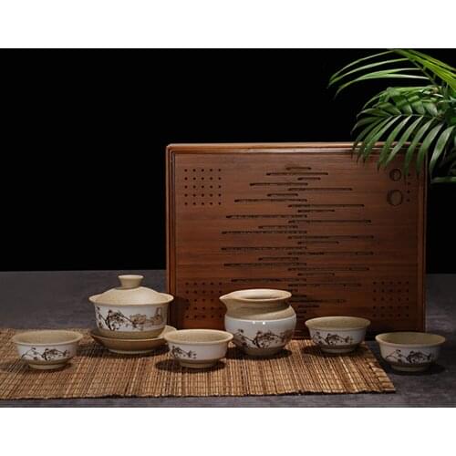 Chinese Style Ceramic Teacup Set With Natural Bamboo Tray KungFu Tea Covered Bowl Tea Cup Tray Office Home Usage Birthday Gifts