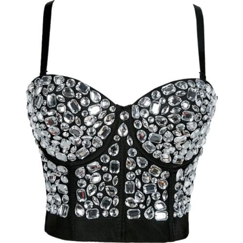 New Sexy Corset Top Cropped Nightclub Transparent Acrylic Beads Shine Women Crop Top To Wear Out Bra Push Up Bustier Female Tops