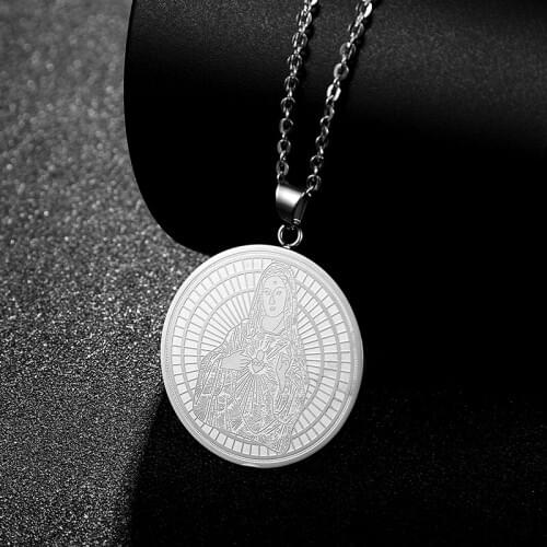 New goth Stainless Steel Virgin Mary Coin Necklace Women‘s Men long chain Religious pendant initial necklace Sweater chain gift