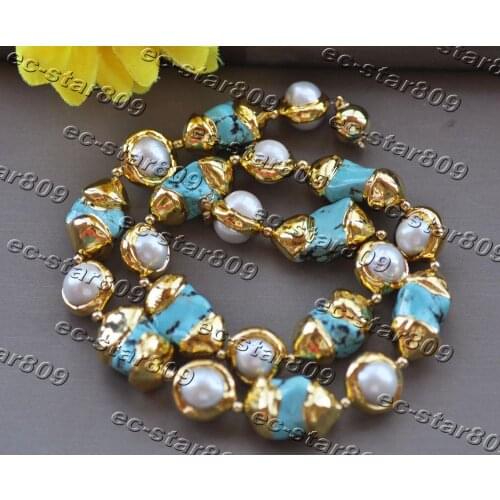 Z11358 17.5" 23mm Baroque Blue Turquoise White Pearl Yellow Gold Plate Necklace