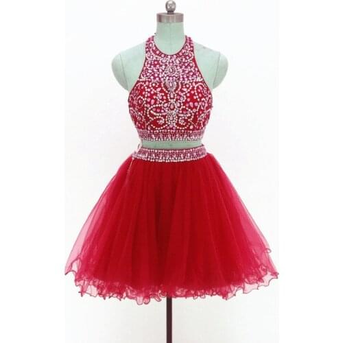 Halter Homecoming Dress Short Beading Tulle Red Plus Size Prom Party Gowns Blue Tea Length Robes De Cocktail Dresses 2 Pieces