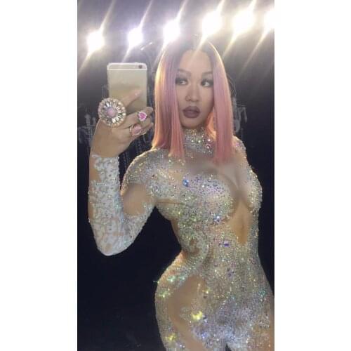 Sexy White Blue Crystals Costumes Nightclub show singer DJ dance Costume DS Rompers Bar party Leotard