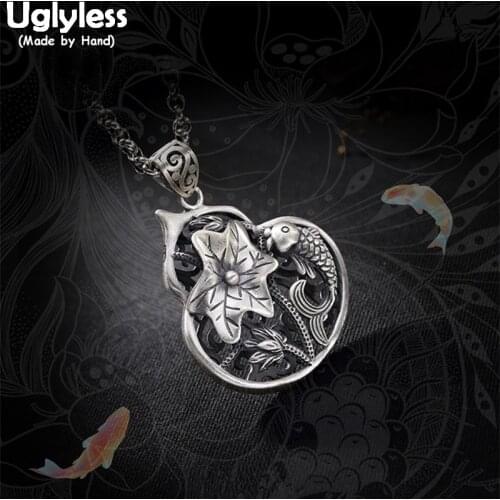 Uglyless 100% Real 990 Pure Silver Hollow Gourd Pendants Necklaces NO Chain Handmade Fish Pendant Thai Silver Lotus Leaf Jewelry