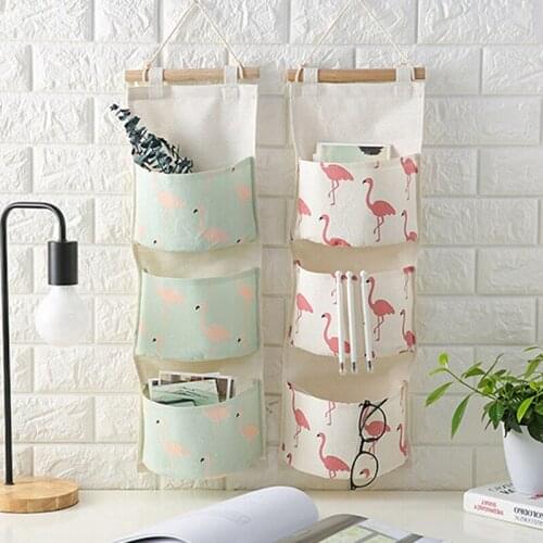 Flamingo Pattern Cotton Linen Hanging Storage Bag 3 Pockets Wall Mounted Wardrobe Hang Bag Wall Pouch Cosmetic Toys Organizer