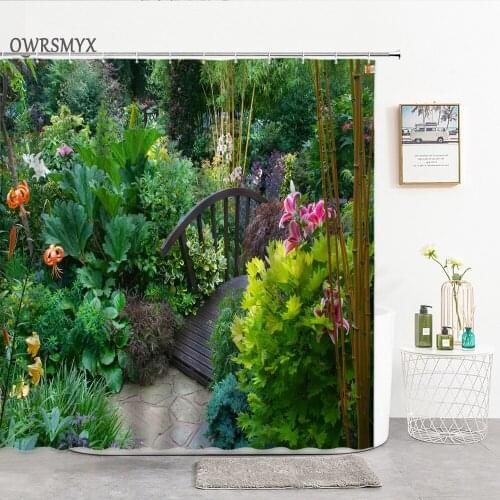 Courtyard Flower Grass Plant Shower Curtains Garden Landscape Bathroom Curtain Home Decoration Background Wall Bathroom Products