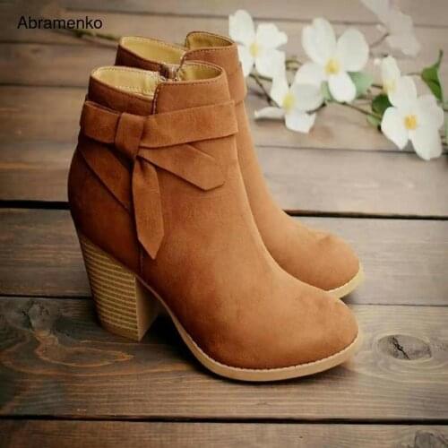 Shoes For Women Chunky Leather Women Ankle Boots Autumn Thick High Heel Martin Boots Zip Winter 4 Colors Shoes Boot Size 35-43