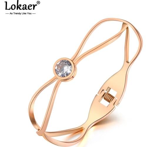 Lokaer Fashion Titanium Stainless Steel CZ Crystal Bangles Bracelets For Women Girls Geometric Chain Link Bracelet Bangle B20023