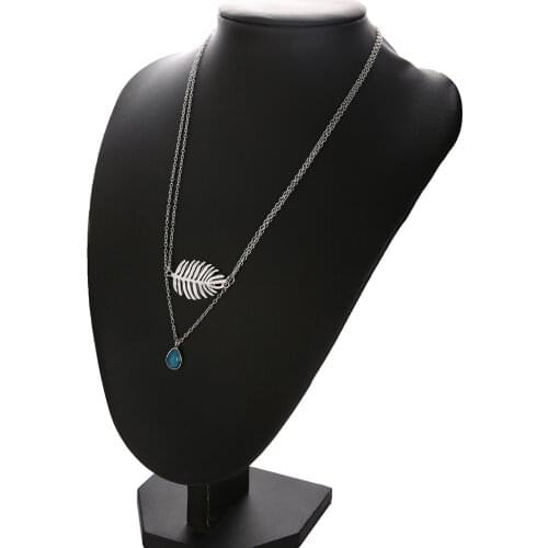 12 pieces/lot Antique Silver Color Leaf Blue Stone Layered Necklace For Women Hollow Charm Long Chains Feather Pendant Necklaces