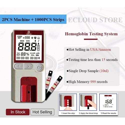 2PCS POCT Hemoglobin test machine/Blood hemoglobin meter with 1000PCS hemoglobin strips (Strips EXPIRY DATE 2022-07)