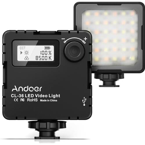 Andoer CL-36 Mini Bi-color LED Video Light lamp 2800K-8500K Dimmable Fill Light with 3 Cold Shoe Mounts LCD Vlog for camera