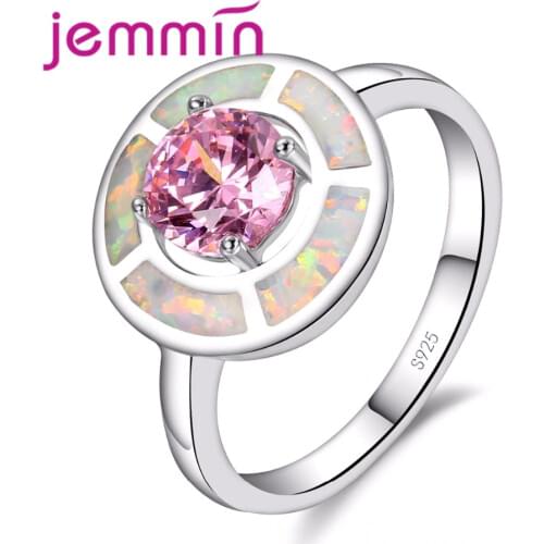 Big Round Fire Opal Surrended Ring Four Prong Setting Pink Crystal S925 Sterling Sliver Ring For Women And Girl Party Or
