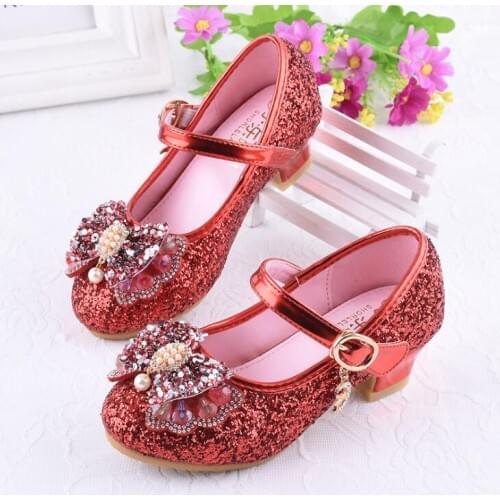 Children Leather Shoes Girls High Heel Princess Dance Sandals Kids Shoes Glitter Fashion Girls Party Dress Wedding Shoes