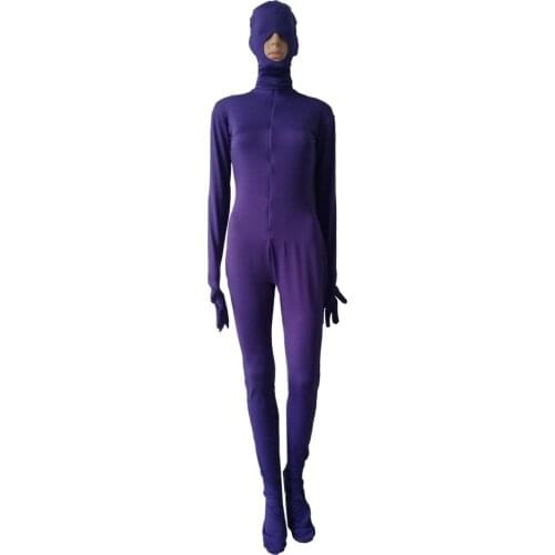 Womens Catsuit Halloween cosplay costumes Spandex jumpsuits front Zipper with removable Hood open nose and mouth hole