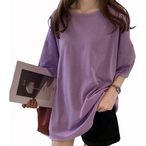 2021 Summer Oversize T shirt Women Candy Color O Neck Short Sleeve Elastic Basic Long T-shirt Loose Streetwear T-shirts Tee Tops