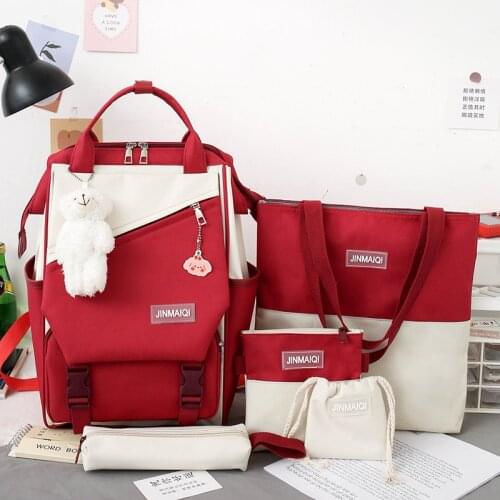 5Pcs/Set Canvas Designer Laptop Backpacks Women School Bags for Teenage Girls Book Bags Travel Backpack Students Rucksack