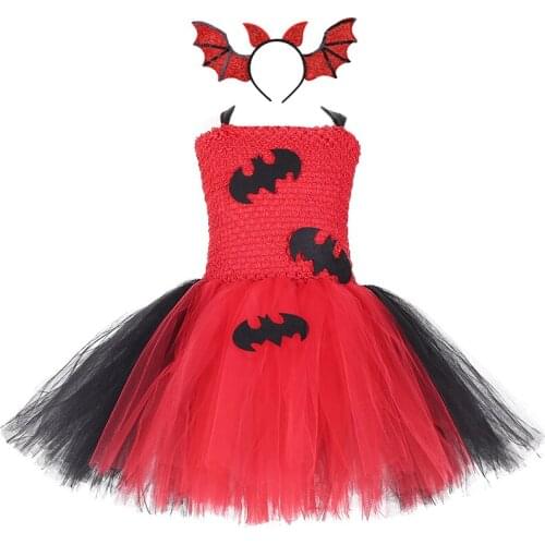 Halloween Devil Demon Costume Red Black Kids Bat Vampire Carnival Party Scary Bat Pattern Cosplay Tutu Dress For Holidays Photos