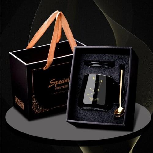 430ML Personality Constellation Theme Romantic Creative Black Ceramic Coffee Tea Cup Mug With Lid And Stainless Steel Spoon