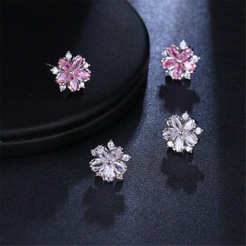KSRA Minimalist Floral Zircon Pink Earrings For Women Romantic Wedding Bride Stud Earrings Jewelry Bridesmaid Accessories Gift