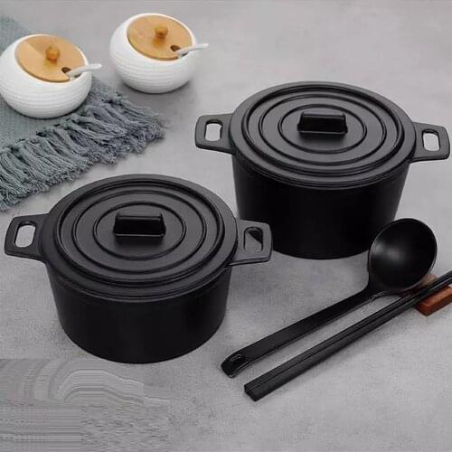 Instant noodle bowl with lid black cute bowl single chopsticks set student tableware lunch box imitation porcelain PK1 6 inches