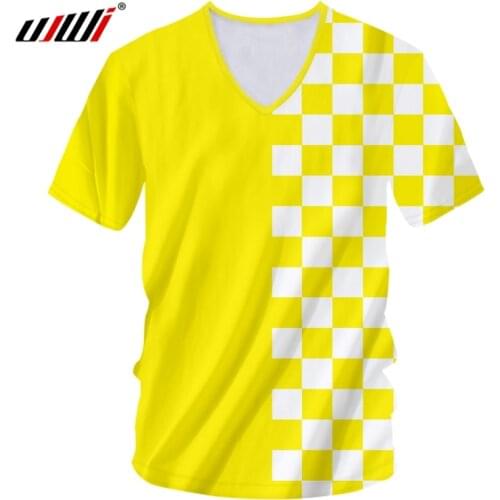 UJWI New Casual Style Yellow White Checkerboard Tee Mens Plaid T-shirt V-neck Short-sleeved Shirt Cool Streetwear Wholesale 5XL