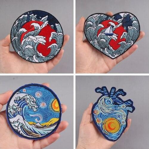 Outdoor Mountains Travel Patches For Clothing Adventure Embroidered Patches On Clothes Natural Stripe DIY Iron On Van Gogh Patch