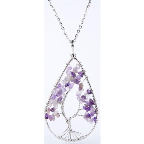 New Silver Color Crystal Natural Stone Tree Of Life Pendant Necklaces Wire Water Dropped Metal Chain Necklace For Women Female