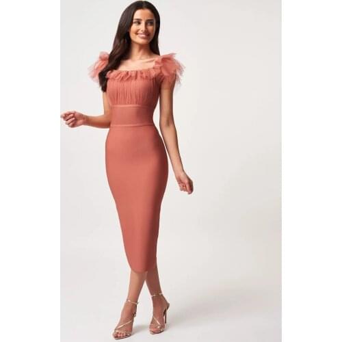 New Arrival womens Petal Sleeve Mid-Calf Rayon Regular Bandage Dress Night Party Dress