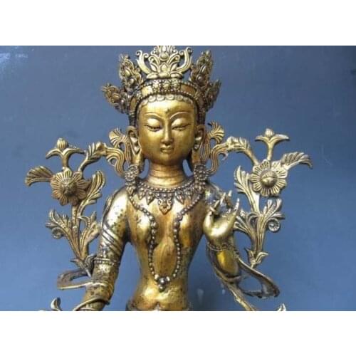 16"Tibet Buddhism Temple Old Bronze Gild Green TaRa Kwan-Yin Bodhisattva Buddha