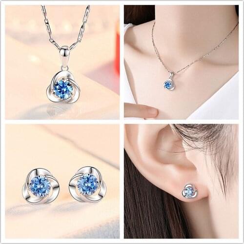 Bright Crystal Blue Clover Necklace For Women Jewelry Trendy 925 Silver Earrings Girls Birthday Gift Charm Necklace Earring Sets