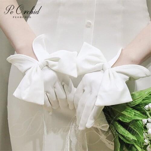 PEORCHID White wedding bridal glove With Bow Korean style guantes fiesta mujer accesorios ivory satin women Short hand gloves