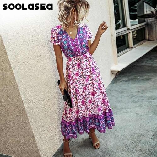 Soolasea 2020 summer Hippie Vintage Floral Maxi Dresses Elegant Beach Sash Sexy V Neck Print Long Boho Dress Women Vestidos