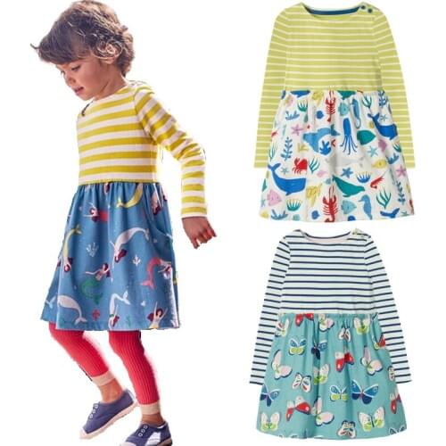 Striped Baby Girls Dresses Mermaid Children Dress Girls Blouse Sea Animal Jumpers Kid One-Piece Clothes Butterfly vestidos 1-9Y