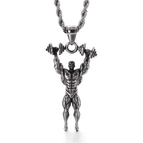 Gym Life Jewelry Stainless Steel Fitness Men Necklace Punk Street Style Jewelry Chain Fitness Fist Dumbbell Men Necklaces